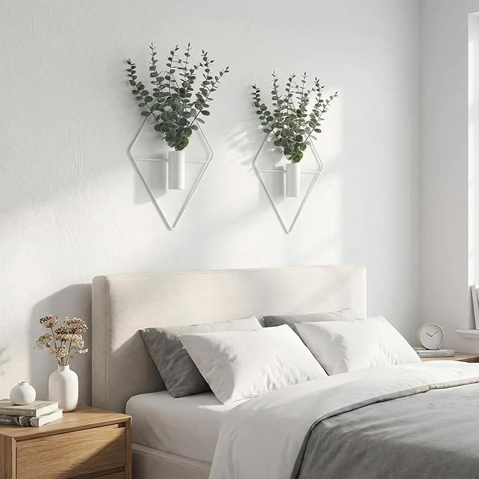 Jexine 8 Pcs Hanging Planters with Artificial Eucalyptus Metal Hanging Vase Indoor Plants Holder Modern Geometric Boho Bathroom Wall Decor for Living Room Home Office (Eucalyptus,White) Jexine