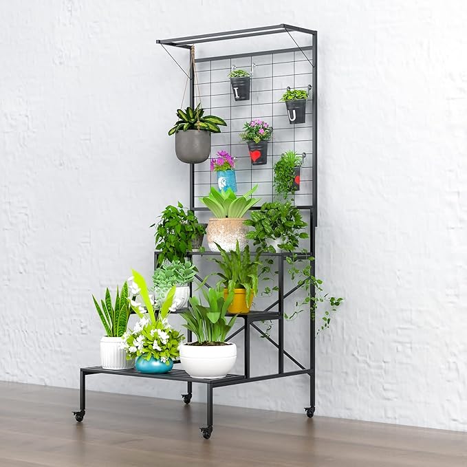 Zhongma 3 Tier Large Heavy Duty Plant Stand with wheels, Tall multi layer Plant Holder with Hanging Plant pot shelf, 35.43 x 33.27 x 80.7inch, Each Tier: 35.43 L x 10.5W, Easy to Hold Large Plant Pot Zhongma