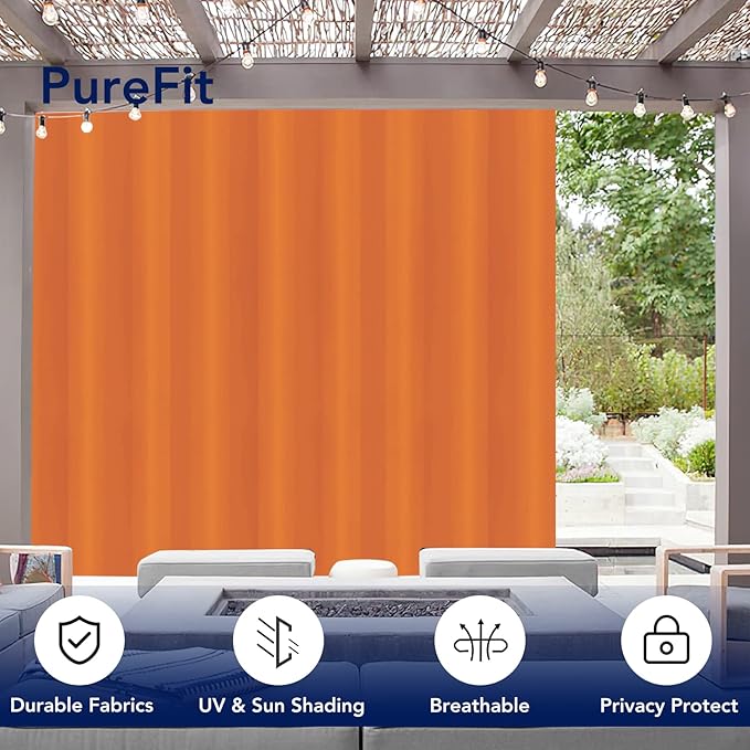 PureFit Outdoor Curtains for Patio Waterproof Weatherproof, UV Resistant Outside Curtains for Gazebo, Front Porch, Pergola, Sun Blocking Privacy Curtain, 100W x 84L inch, 1 Panel, Orange PureFit