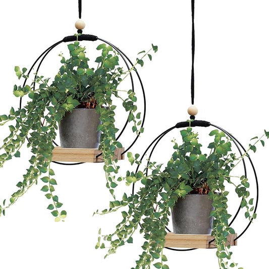 Geelin 2 Pack Plant Hanger with Wood Base Hanging Window Planter Boho Macrame Hanging Plant Holders for Window Indoor Outdoor Room Ceiling Home Decorations(Black) Geelin