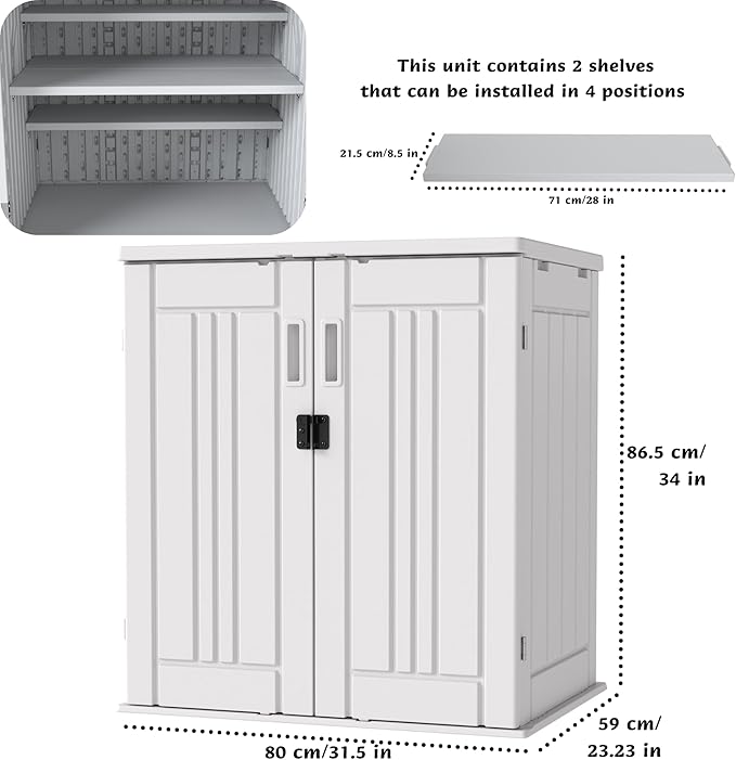 EHHLY Heavy Duty Small Storage Cabinet Outdoor Weatherproof, 14 Cuft Garage Storage Cabinet with 2 Adjustable Shelves, Lockable Kitchen Pantry Closer Organizer, 31Wx23Lx34H, Polar White EHHLY