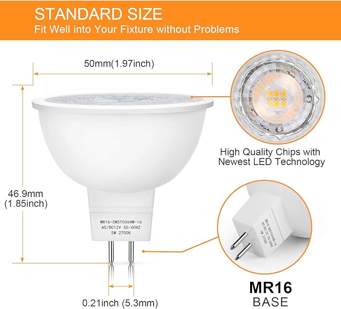 Mlambert 24 Pack MR16 LED Bulbs 50W Halogen Equivalent,2700K Warm White,5W GU5.3 MR16 12V Spotlight Bulb,Non-Dimmable,45° Beam Angle for Landscape Mlambert