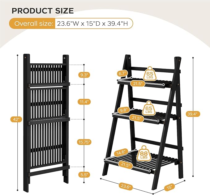 39.4" Foldable Plant Shelf Ladder Shelf, 3 Tier Bamboo Ladder Flower Pot Display Shelf, Freestanding Ladder Bookshelf for Garden, Balcony, Yard, Living Room, 23.6" W x 15" D x 39.4" H, Black OAKVIVOElegantLifestyle