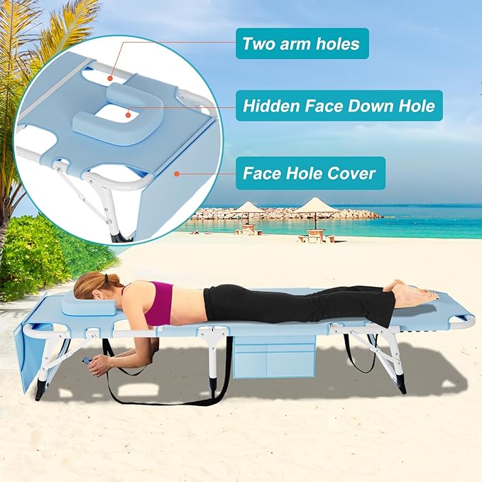 ABORON 3 in 1 Sun Tanning Chair Oversized with Mat&Face Arm Hole,Heavy Duty Folding Chaise Lounge Chairs,5-Position Outdoor Lounge Chair/Pillow, for Beach, Pool, Lawn, Yard, Patio ABORON