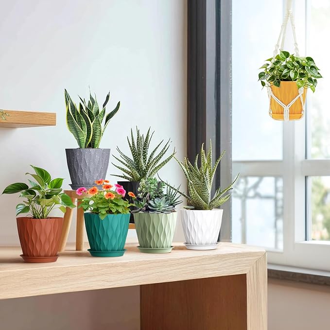 7 inch Plant Pots for Indoor Outdoor Plants, 5 Pack Thick Nursery Pots with Drainage Holes and Saucers, 3D Modern Wave Texture Plastic Planter Pots for Flowers and House Plants, Multicolor Meowell