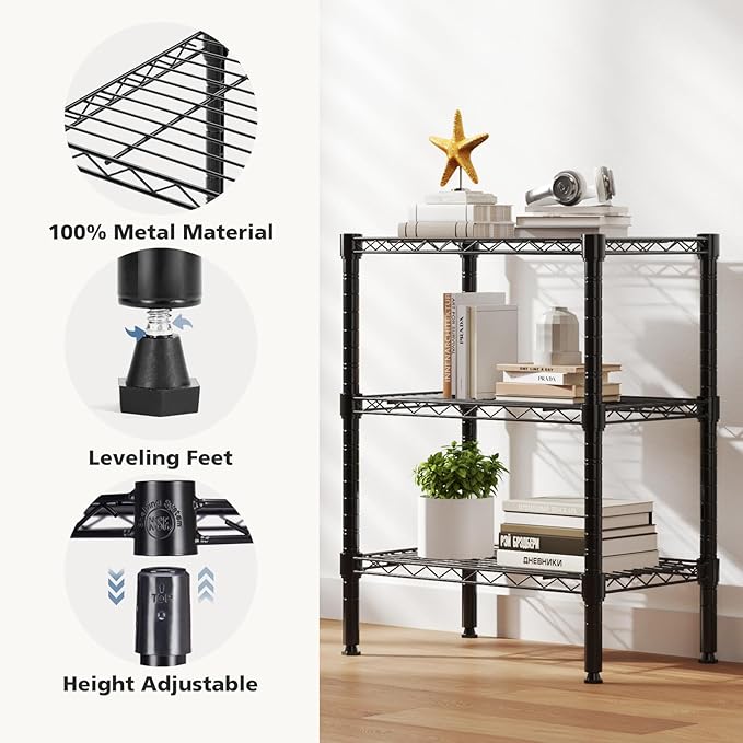 DUMOS 3-Tier Metal Wire Storage Shelves, Adjustable Standing Storage Rack Shelf, Heavy Duty Steel Shelving Unit Organizers for Kitchen Bathroom Pantry Garage, 23.3" W×13.4" D×30" H, Black DumosLifestyle