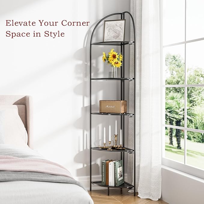 Crofy Foldable 5 Tier Corner Shelf, Metal Corner Plant Stand with Black Frame and Black Shelves, Corner Display Rack Multipurpose Shelving Unit for Living Room, Bedroom, Bathroom CrofyLLC