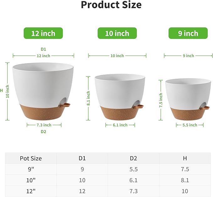 FaithLand 3-Pack Large Planter Pots, 12 10 9 Inch Self Watering Flower Pots for Indoor Outdoor Garden Plants, White with Brown FaithLand