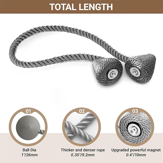 Hion Magnetic Curtain Tiebacks Grey 2pcs, Curtain Tiebacks Buckles Holdbacks Holders Hooks Clip for Home Bedroom Office Decorative Curtain Hion