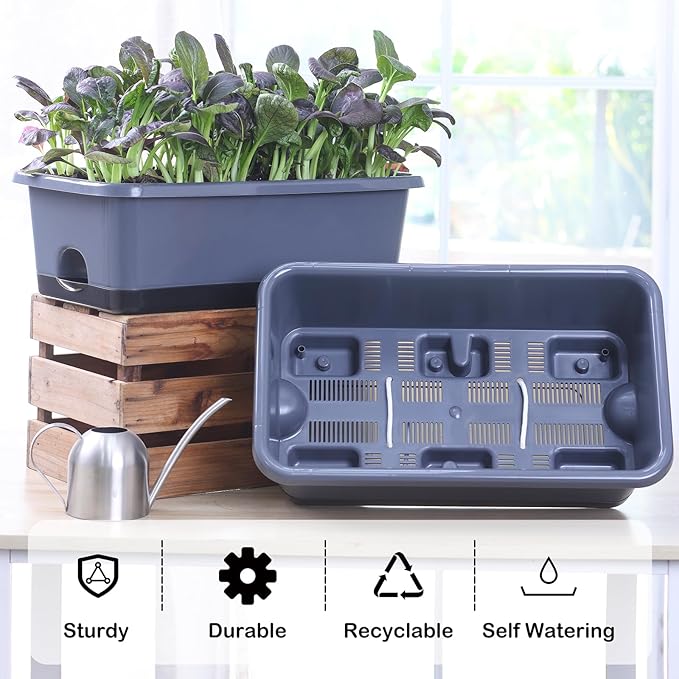 Window Box Planter 6 Pcs, 18 Inches Rectangle Flower Pots with Drainage Holes and Trays, Vegetable Planters for Windowsill Patio Garden Balcony Home Porch Yard Indoor Outdoor (Grey, 18*10*6 inch) Oliz