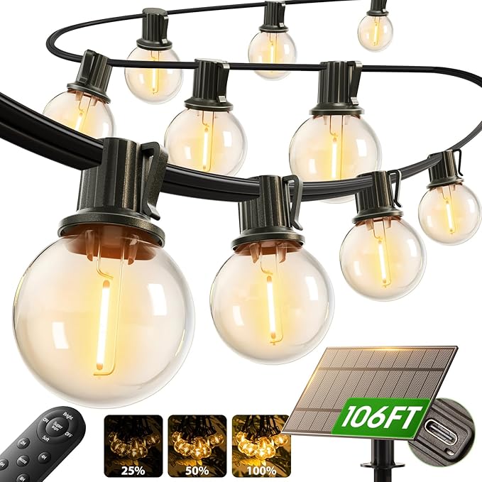 addlon 100FT Solar String Lights Outdoor with Remote, 54 LED Shatterproof Bulbs, Dimmable & Timable, 3 Light Modes, G40 Waterproof Solar String Lights for Outside Backyard Party Decor addlon