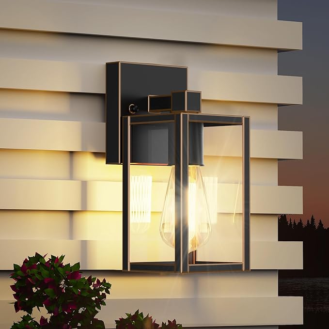 WIHTU Outdoor Lights for House, LED Exterior Front Porch Light Fixtures for Outside, Waterproof Wall Light Outdoor, Sconce Lights for Patio, Garage, Doorway, Entryway (Black with Gold Rim) WIHTU
