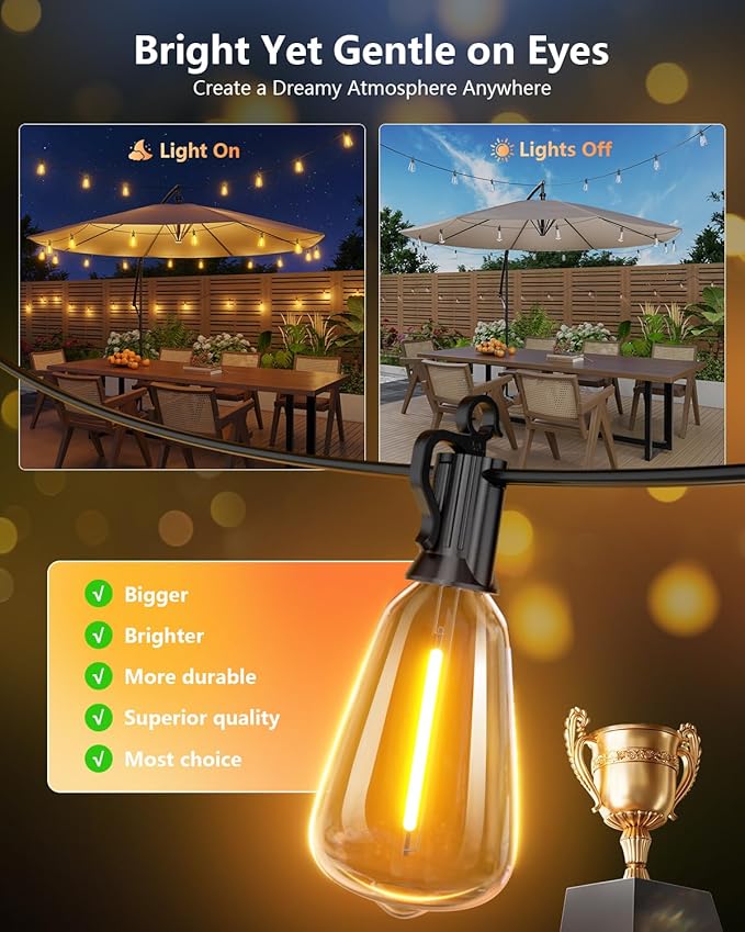 Brightown 175FT Solar String Lights Outdoor Waterproof with Remote, 56+2 LED Shatterproof Bulbs, Dimmable & Timable, 3 Light Modes - Commercial Grade Patio Lights for Garden Backyard Party Decor Brightown