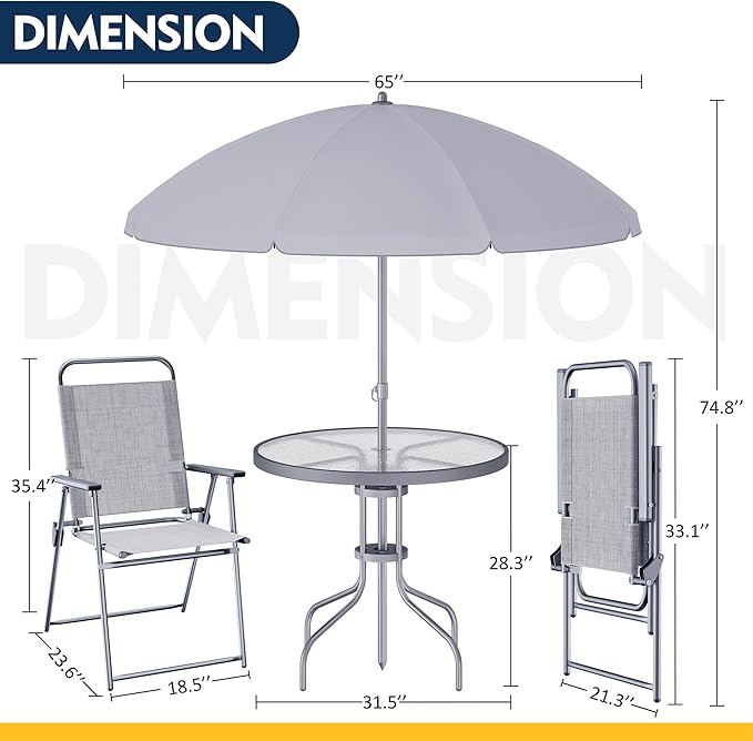 Shintenchi 6 Piece Patio Dining Set with Umbrella, Outdoor Furniture Set with 4 Folding Chairs and Tempered Glass Top Dining Table fot Lawn Backyard Garden Porch, Silver Shintenchi