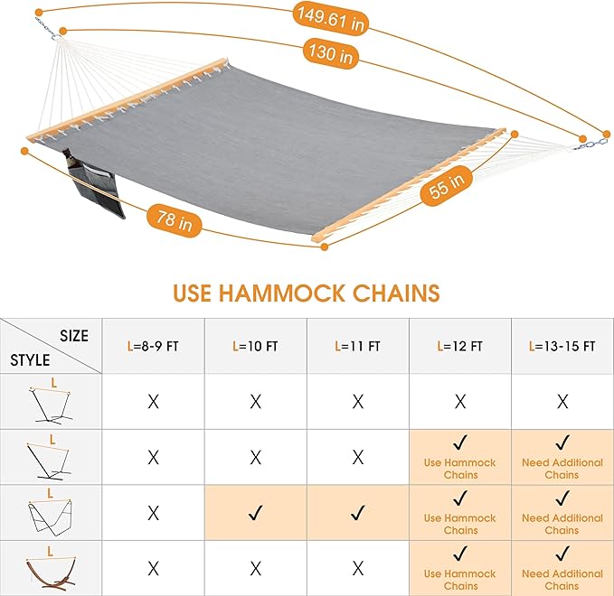 Lazy Daze Hammocks 11 FT Double Outside Hammock Quick Dry Olefin Fabric Hammock with Spreader Bar & Side Pocket for Outdoor Poolside Backyard 450 lbs Capacity, Grey LazyDazeHammocks