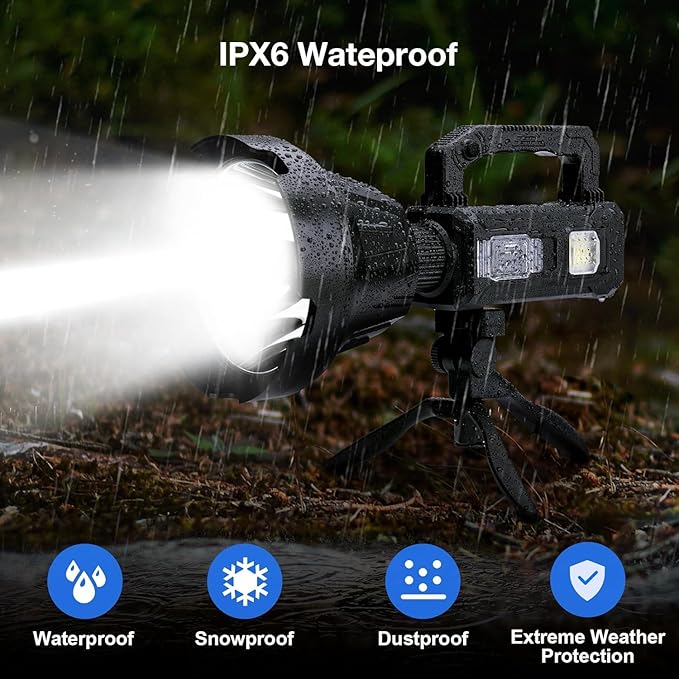 Solar Rechargeable Spotlight, 2,000,000L High Lumens Led Spot Lights Outdoor Handheld Super Bright Long Range Flashlight with 6 Modes, 3 Colored Filters, Tripod, USB C, IPX6 Waterproof for Fishing Sogidon