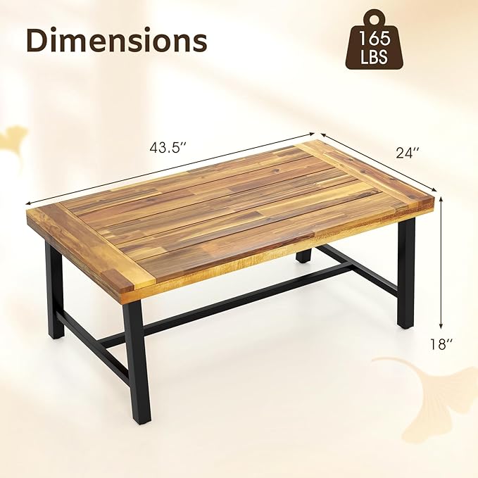 Tangkula Outdoor Acacia Wood Coffee Table, Rectangle Rustic Accent Table with Thickened Top & Heavy-Duty Metal Legs, for Patio, Deck, Garden, Natural TANGKULA