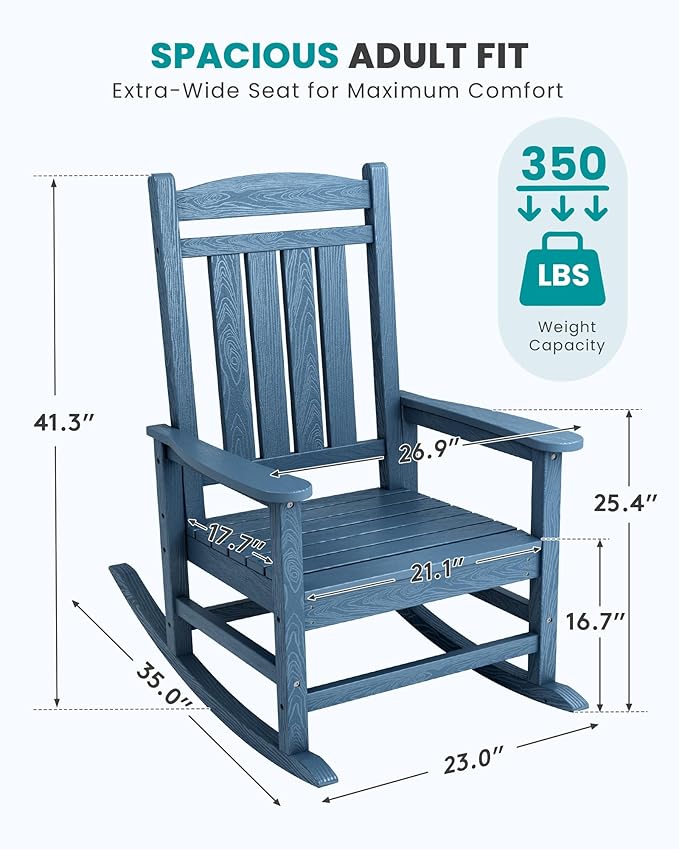 SERWALL Oversized Outdoor Rocking Chair, All-Weather Patio Rocking Chair, HDPE Porch Rocker for Adults, Blue SERWALL