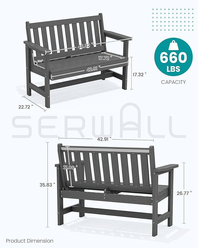 SERWALL Outdoor Bench, HDPE Outdoor Benches Weatherproof, 2-Person Garden Bench with 660 lbs Weight Capacity, Patio Benches for Outdoors, Garden, Porch, Backyard and Park, Grey SERWALL