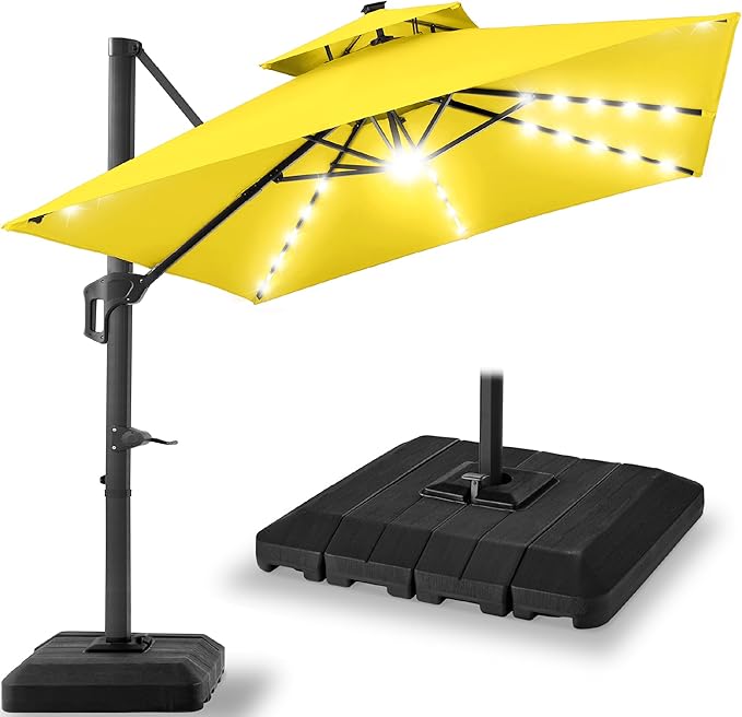 Best Choice Products 9x12ft LED Cantilever Patio Umbrella w/Base Included & 360° Rotation, Large Solar Offset Hanging Outdoor Sun Shade for Deck, Backyard Table w/Stand & Lights – Yellow BestChoiceProducts