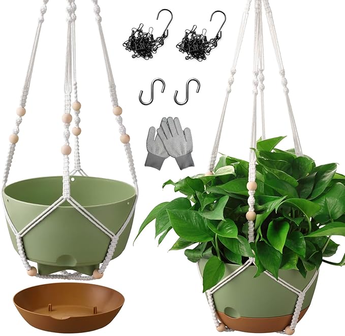 10 Inch Hanging Planters for Indoor Plants,Set of 2 Hanging Pots for Plants with Self-Watering, Outdoor Hanging Plant Pot with Drainage and 2 Kinds of Hanging Baskets Hangers for Home Decor and Garden TIMOSUKI