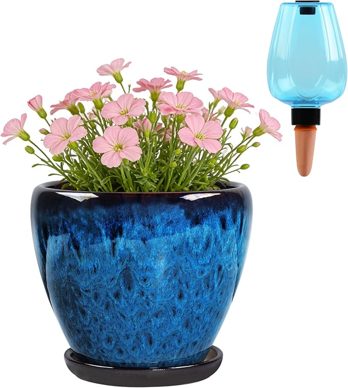 Ceramic Pots for Plant with Self Watering Globes, 6 inch Planters for Indoor Plants with Saucer, Glaze Flower Pots Outdoor with Drainage Holes, Decorative Garden Pots Xoogifae