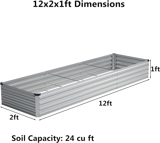 12x2x1 ft(2 Pack) Galvanized Raised Garden Bed,Outdoor Planter Box Metal Patio Kit Planting Bed for Vegetables Flowers and Succulents,Silver Zunatu