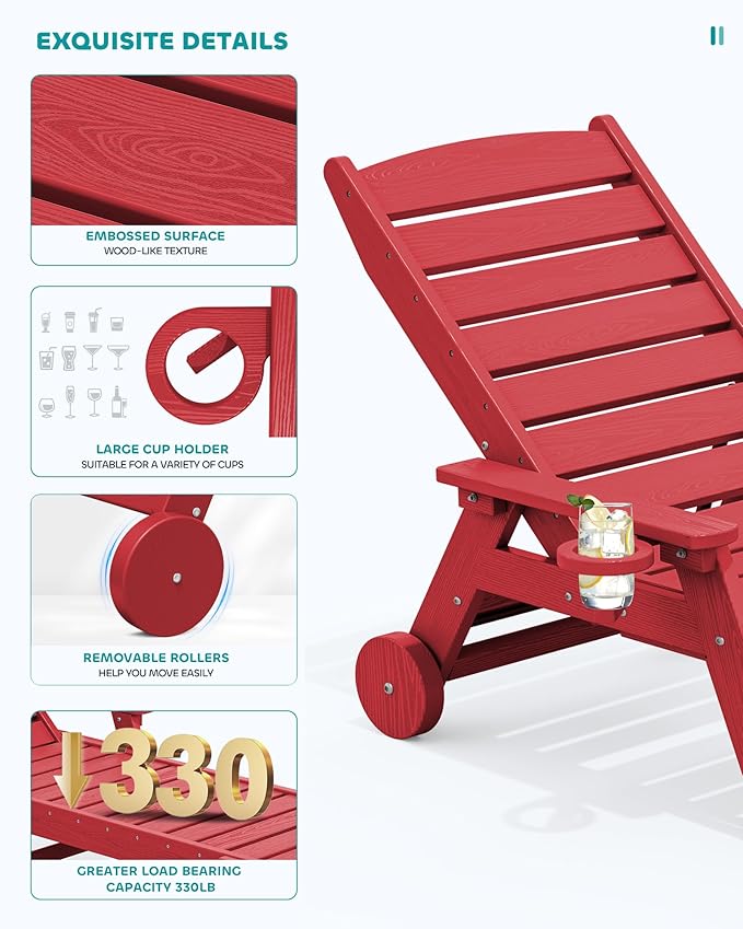 SERWALL Patio Chaise Lounge Chair, 78'' Long HDPE 5 Positions Adjustable Outdoor Lounger, Poly Lounge Chair with Rolling Wheels & Cup Holder for Pool, Bright Red SERWALL