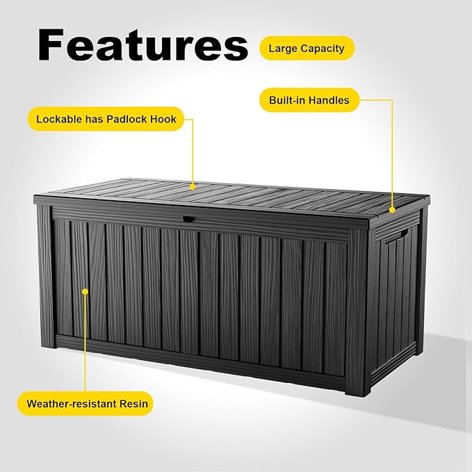 150 Gallon Outdoor Storage Box, Weather Resistant & Waterproof Resin Deck Box with UV Protection, Rattan Black Patio Storage Cabinet for Garden, Patio, Porch, Poolside(Black) KFY