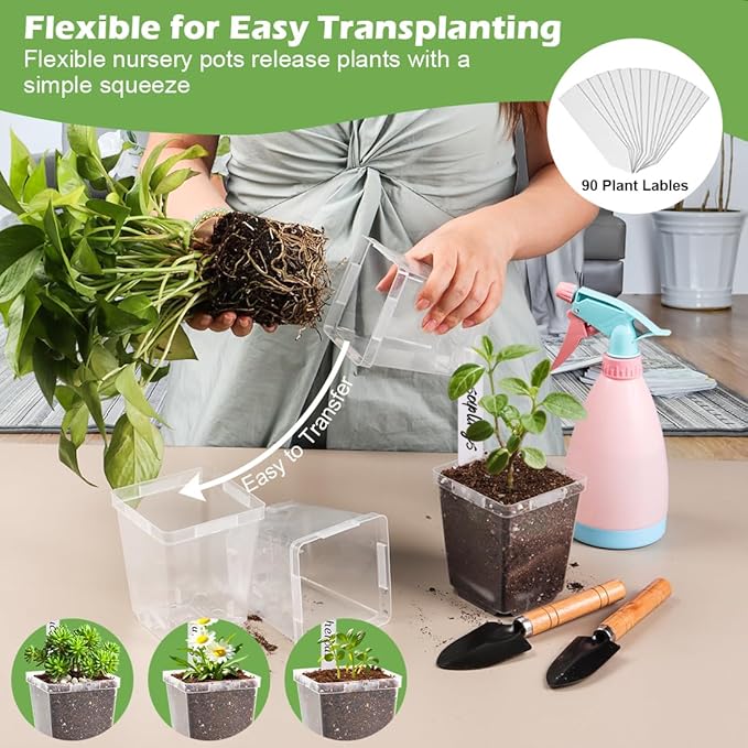 3.3 Inch Clear Nursery Pots with Drainage,90 Pack Square Seedling Pots with Plant Lables,Reusable Seed Starter Pots for Succulents Transplanting Herbs Flowers Tomato Windowsill Gardening RooTrimmer