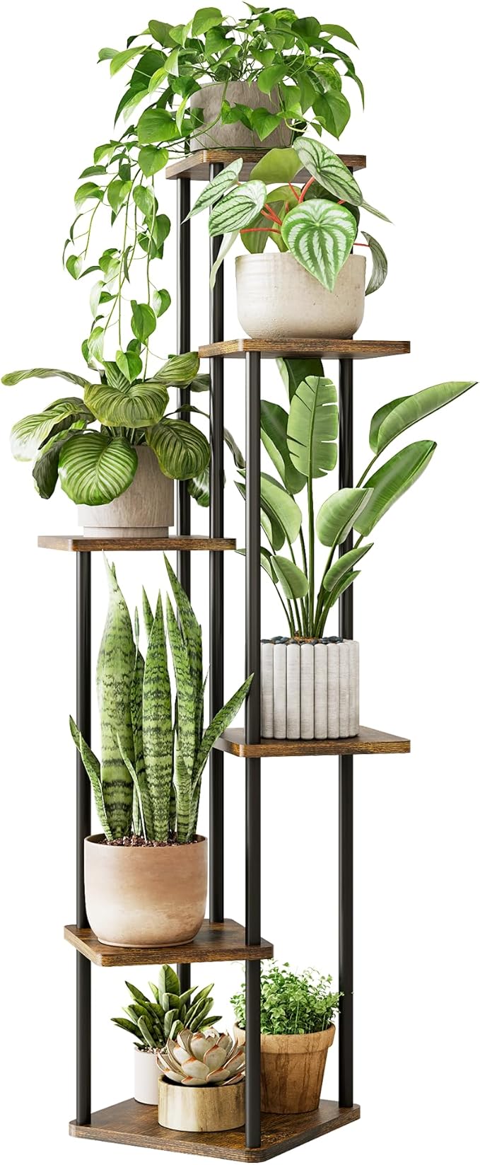 Corner Plant Stand Indoor 6 Tiered Tall Plant Stand Plant Shelf for Multiple Plants Coner Shelf Wood Plant Stands Metal Shelving for Living Room Bedroom Balcony Patio Brown Oak Gentingbro