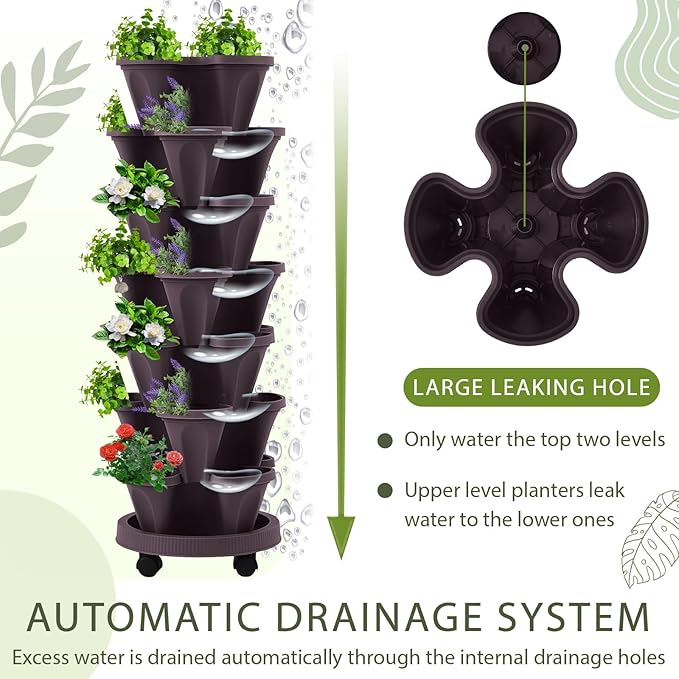Umigy 2 Set Espresso Brown 7 Tier Vertical Planter Stackable Tower Planters Strawberry Herb Flower and Vegetable Pots Indoor Outdoor Gardening Pots with Removable Wheels and Tools Umigy