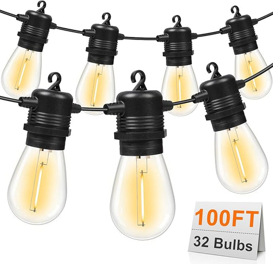 100FT LED Outdoor String Lights, Commercial Grade Patio Lights with 30+2 Shatterproof S14 Edison Vintage Bulb for Outside Backyard Porch Balcony Party Cafe Decor GvvooHome