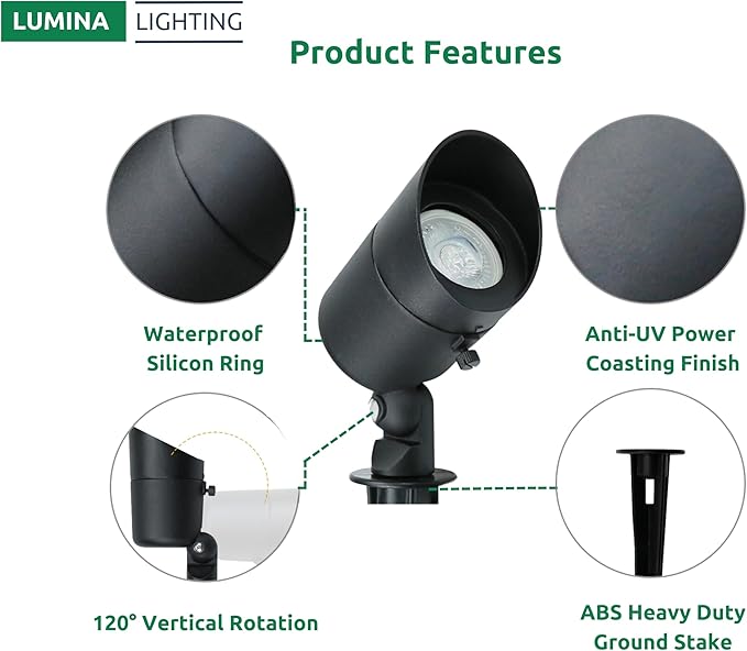 Lumina Lighting® 5W Landscape Lighting 12V Landscape Lights Low Voltage Landscape Spotlights Warm White Waterproof Outdoor Replaceable LED Bulb for Garden,Lawn,Porch,Patio and Yard (Black) (6-Pack) LuminaLighting%C2%AE