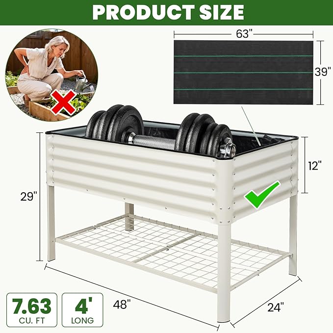 Elevated Raised Garden Bed 2' x 4'- Galvanized Metal Planter Boxes with Legs & Storage Rack, Outdoor Planters for Backyard/Patio/Balcony, with Drainage Holes for Vegetables, Flowers, Herbs, White GGOODGAIN