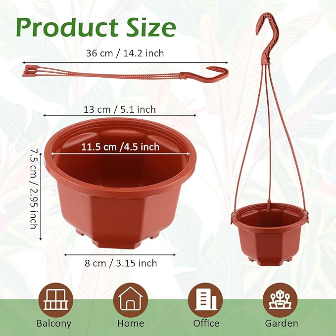 Roshtia 50 Pcs 5.1 inch Plastic Hanging Plant Pots with Hooks Flower Pots Baskets Outdoor Hanging Nursery Planter Holder for Home Garden Balcony Porch(Brown, 5.1 inch) Roshtia