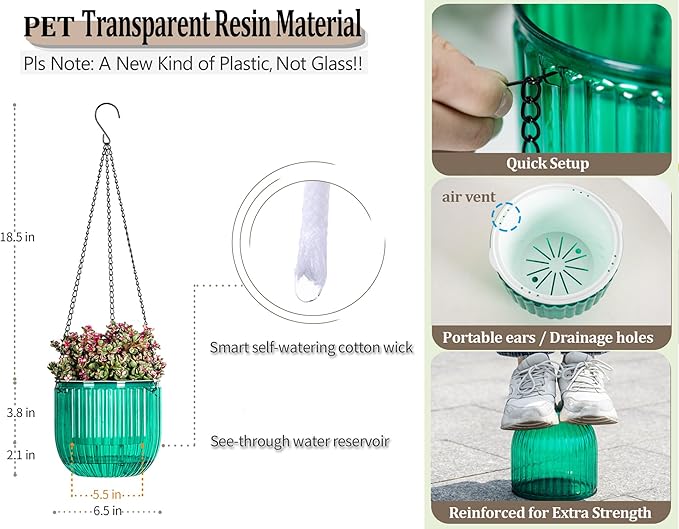 Melphoe 2 Pack Self Watering Hanging Planters Indoor Flower Pots, 6.5 Inch Outdoor Hanging Plant Pot Basket, Plant Hanger with 3Hooks Drainage Holes for Garden Home Melphoe