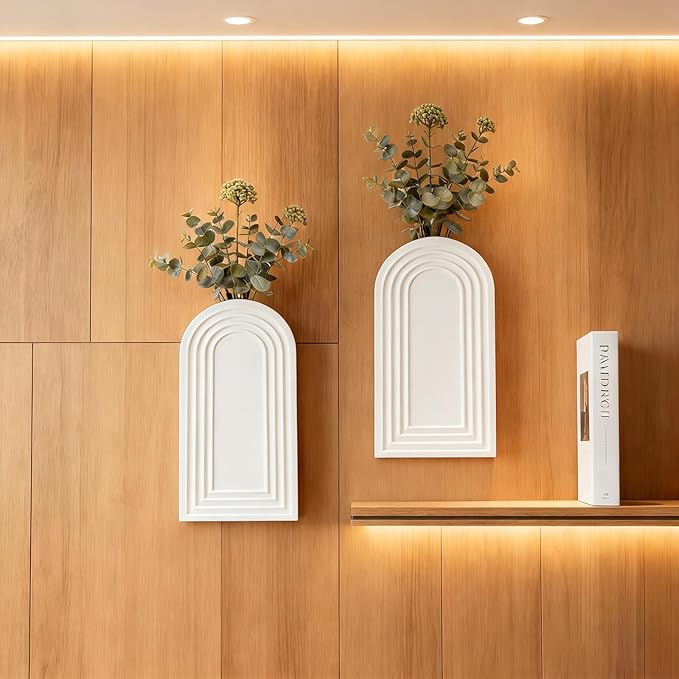 2 Pack Wooden Wall Vase Set, Boho Hanging Planter for Indoor Plants & Flowers, Wood Wall-Mounted Planters for Living Room, Modern Farmhouse Entryway or Bathroom, Rustic Art for Home (White) Rootora