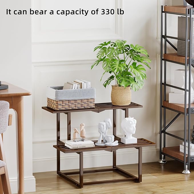 Metal Plant Stand, Foldable Heavy Duty Indoor, Window Iron Plant Shelf - Mid Century Modern Slatted Display for Patio, Garden, Living Room Load Bearing 330 lbs 26" L x 20.2" H x 17.7" W 2 Tier Coffee HomecourtyardsInterio
