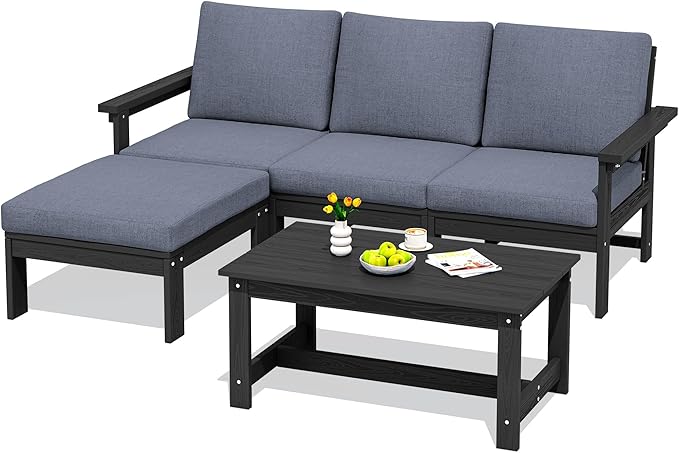 SERWALL Outdoor Sectional Sofa Set, 5-piece Outdoor Modula Couch Set with Ottoman, All Weather Patio Furniture Set with Chaise for Deck, Lawn, Black Frame with Gray Cushion SERWALL