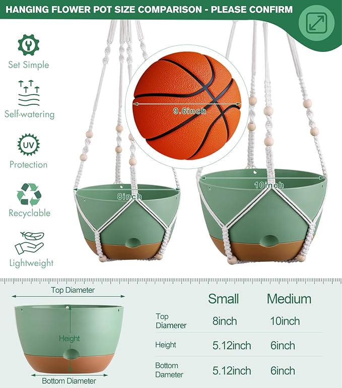 Set of 2-10 Inch Hanging Planters for Indoor Plants with Self-Watering Includes Hanging Pots for Plants, Outdoor Hanging Plant Pot with Drainage, and 2 Types of Baskets Hangers (Green, 10inch) Montresor