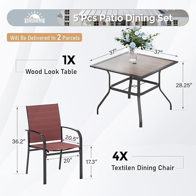 5 Piece Patio Dining Set for 4, 37'x37' Square Table with Umbrella Hole and 4 Metal Chairs, Outdoor Table and Chairs Set for Lawn, Backyard and Deck, Red SUNSHINEVALLEY