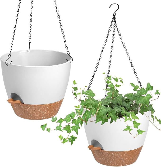 Hanging Planters for Indoor Outdoor Plants, 2 Pack Self Watering Hanging Pot with Drainage Holes & Removable Tray (White, 10'') Vanslogreen