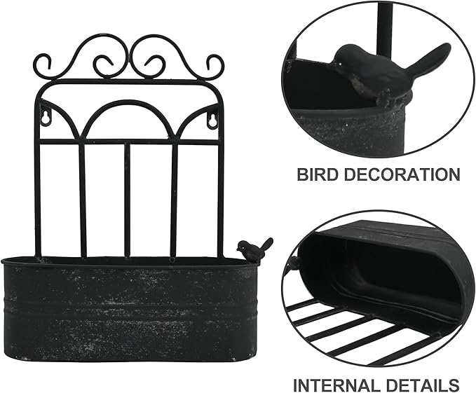 Rustic Metal Wall Planter Vintage Wall Mounted Flower Pot Distressed Wall Hanging Plant Basket Farmhouse Wall Decor for Indoor Outdoor Garden Home Yard (Black) Rootora