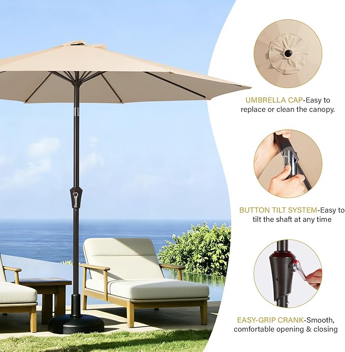 MEWAY 9ft Patio Umbrella Outdoor Table Umbrellas with Push Button Tilt and Crank, Market Umbrella 8 Sturdy Ribs for Deck, Garden, Pool and Backyard, Cream Beige MEWAY