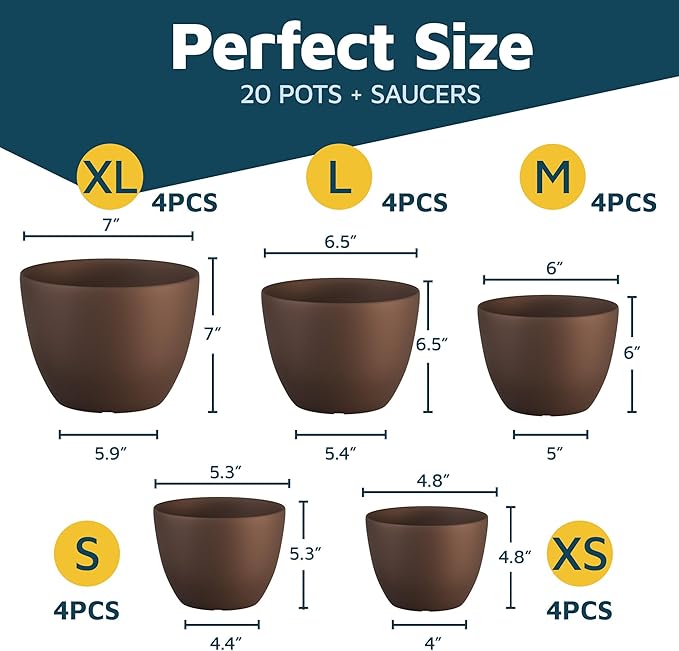 Planter Pots with Drainage Holes - Lightweight, Durable & Space-Saving Pots for Indoor and Outdoor - Versatile Functionality, Simple Modern Design, Set of 20 Plastic Planter Pots - Brown LIFEMASTER