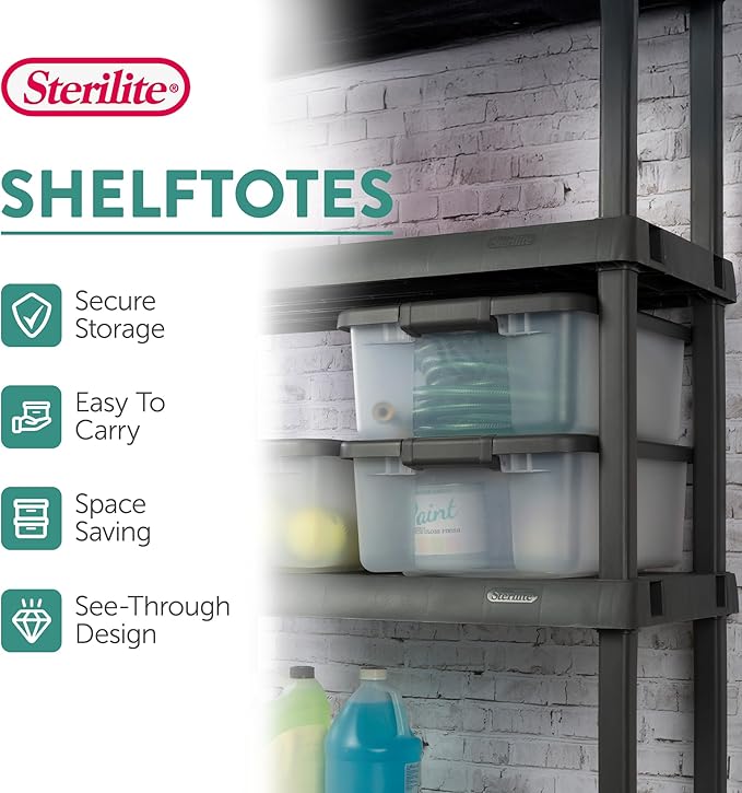 Sterilite 6-Pack ShelfTote, Clear Plastic Storage Bins with Lids, 25 Quart, Gray - Stackable Organizing Container Boxes for Closet, Bathroom, and Office Sterilite