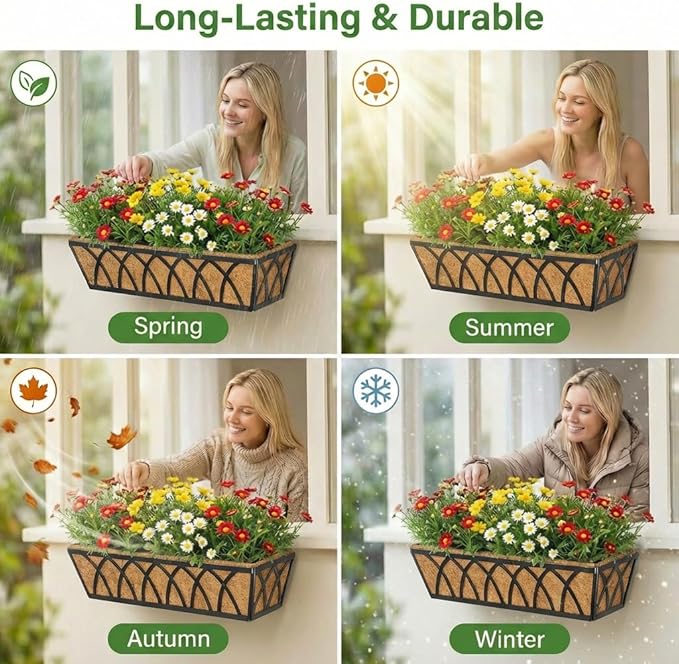 Y&M 24 Inch Window Deck with Coco Liner, Fence Metal Hanging Flower Planter Window Basket Deck Railing Planter Boxes for Outdoor Garden Lawn,6pcs YM