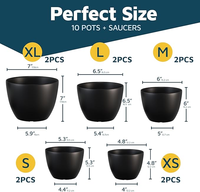 Lifemaster Plant Pots with Multi Drainage Holes - 10 Pieces Versatile, Sturdy Plastic, Stackable Design Home Decor Flower Pots for Indoor and Outdoor Gardening - Black LIFEMASTER