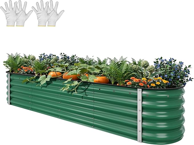 YITAHOME 17" Tall 9 in 1 Large Raised Garden Bed Kit, 8x2x1.4ft Galvanized Metal Planter Box with Gloves & Safety Rubber, Outdoor Above Ground Planters for Plants Vegetables Flowers, Green YITAHOME